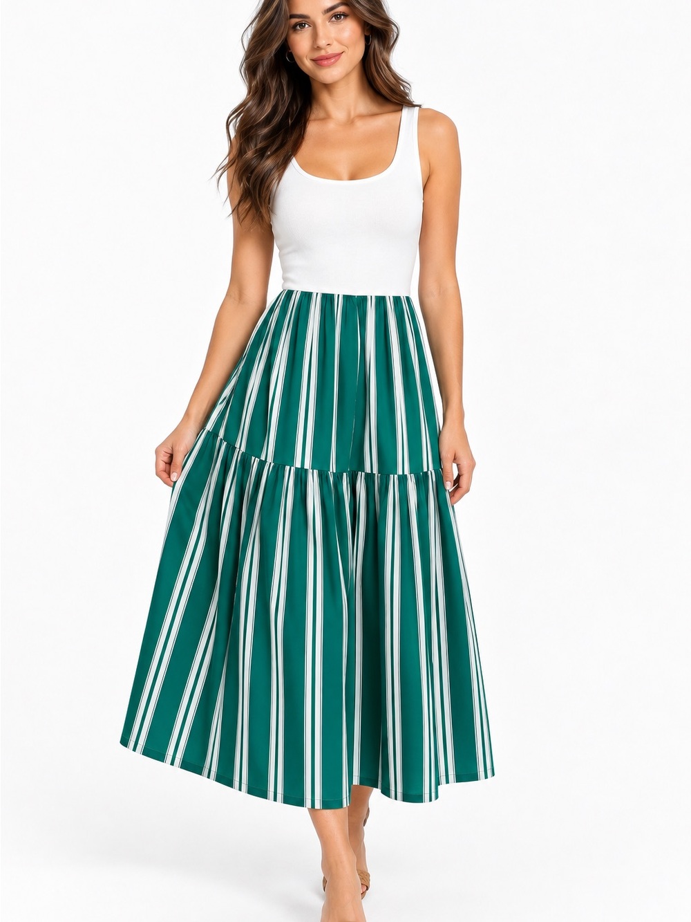 J.Crew Womens XXS Green White Striped Tiered Maxi Dress White Tank